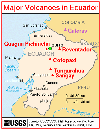 Map showing the major volcanoes in Ecuador