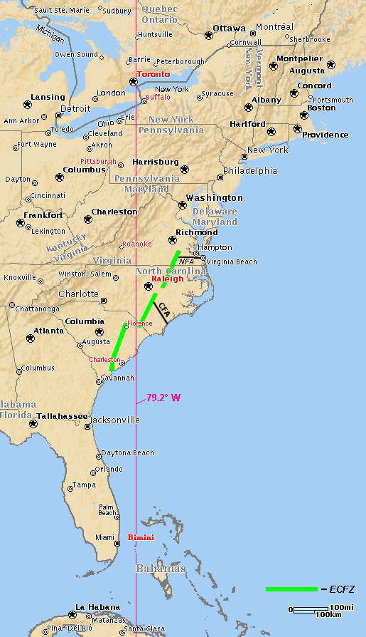Map of the East Coast including the 79.2° Meridian