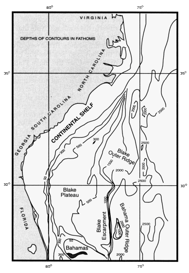 Physiographic features of the Blake Plateau off the U.S. East Coast