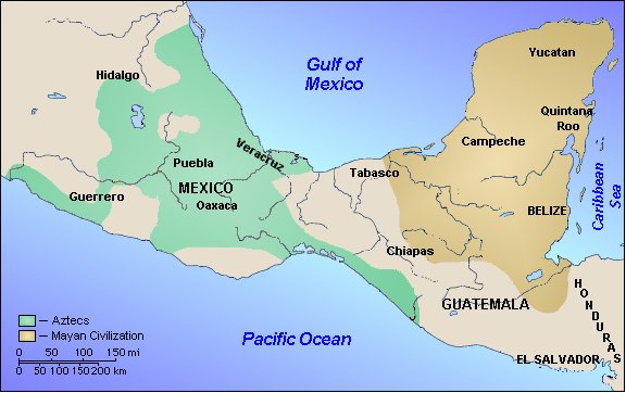 Map of Central America showing Aztec and Mayan territories.